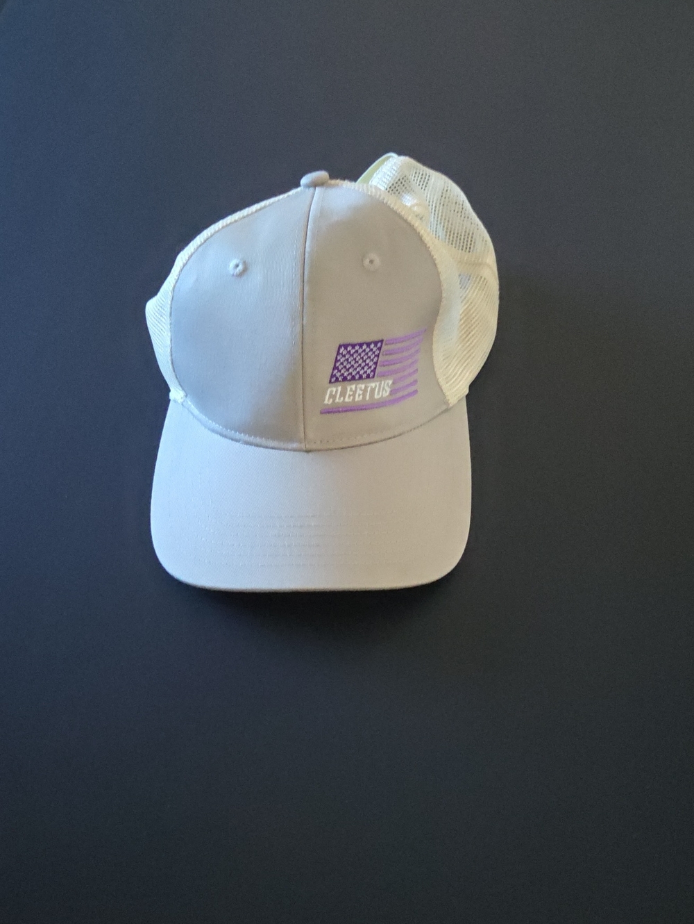 Cleetus Pacifica Womens Beige Trucker Hat with Purple Patch